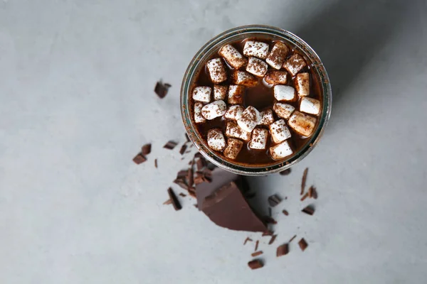 Glass Hot Chocolate Marshmallows Grey Table — Stock Photo, Image