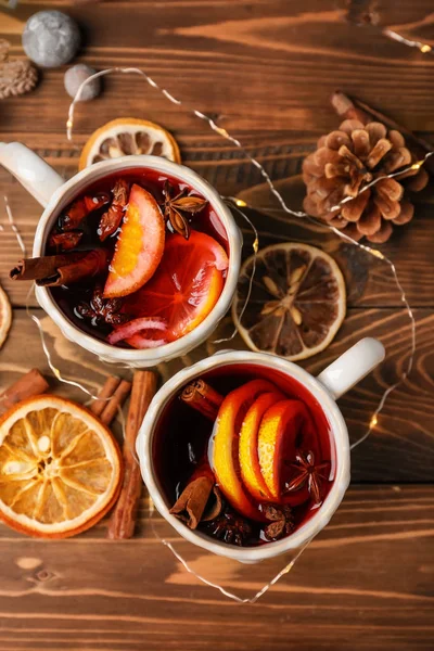 Cups Delicious Mulled Wine Wooden Table — Stock Photo, Image