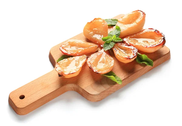 Wooden Board Halves Tasty Baked Pears White Background — Stock Photo, Image