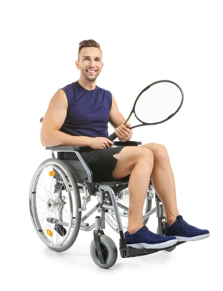 Sporty Young Man Tennis Racket Sitting Wheelchair White Background — Stock Photo, Image