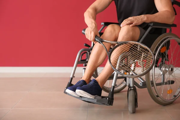 Young Tennis Player Sitting Wheelchair Color Wall — Stock Photo, Image