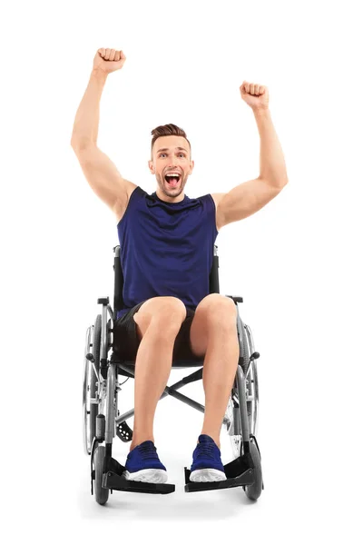Щасливий Спортивний Чоловік Сидить Інвалідному Кріслі Білому Тлі — стокове фото