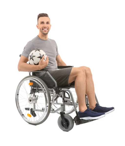 Jovem Com Bola Sentada Cadeira Rodas Fundo Branco — Fotografia de Stock