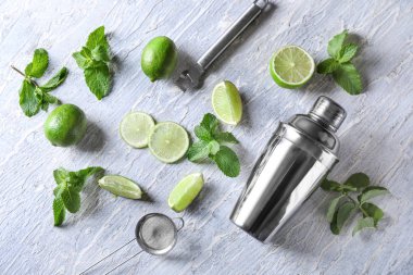 Kokteyl shaker ve mojito tablo için malzemeler