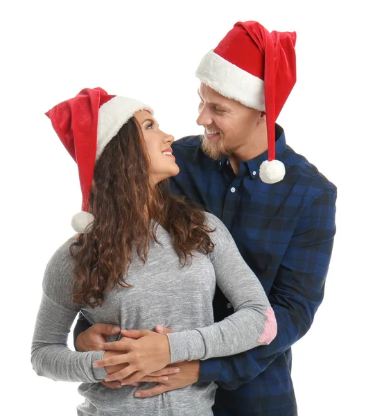 Retrato Bonito Jovem Casal Santa Chapéus Fundo Branco — Fotografia de Stock