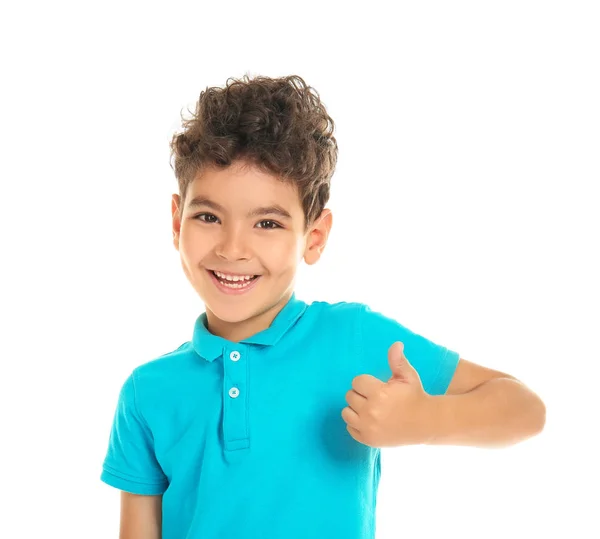Ładny Mały Chłopiec Wyświetlono Gest Kciuk Białym Tle — Zdjęcie stockowe