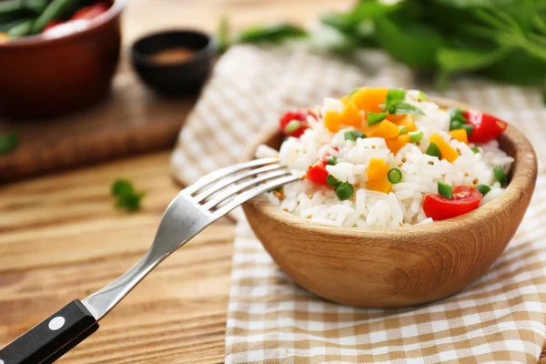 Bowl Tasty Boiled Rice Vegetables Wooden Table — Stock Photo, Image