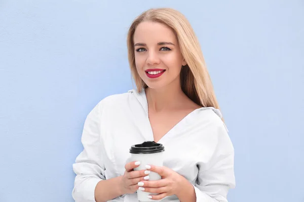Beautiful Young Woman Cup Coffee Color Wall — Stock Photo, Image