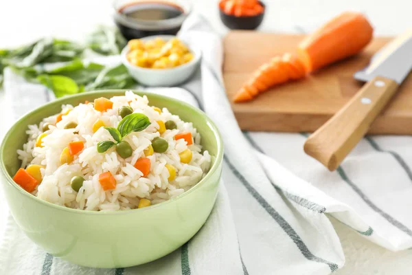 Bowl Tasty Boiled Rice Vegetables Table — Stock Photo, Image