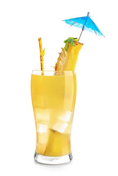 Glas Van Smakelijke Ananas Cocktail Witte Achtergrond — Stockfoto