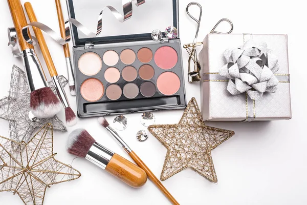 Set Cosmetics Christmas Present Decorations White Background — Stock Photo, Image