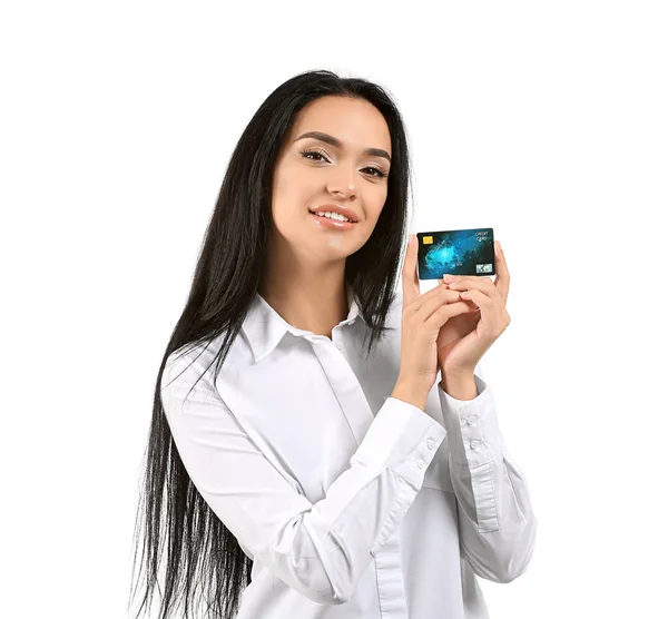 Mladá Žena Kreditní Kartou Bílém Pozadí — Stock fotografie