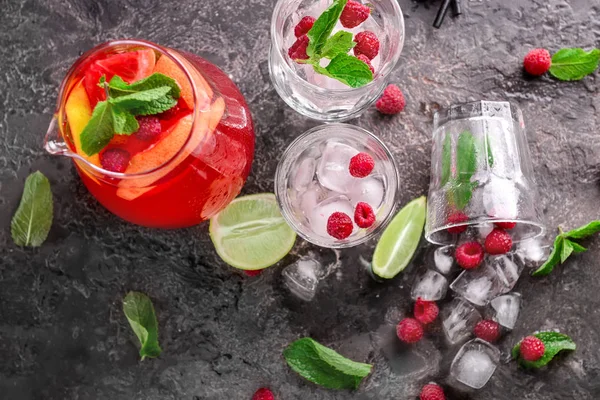 Fresh Summer Cocktail Jug Glasses Ice Cubes Grey Table — Stock Photo, Image