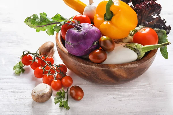 Bowl Different Fresh Vegetables Light Wooden Table — Stock Photo, Image