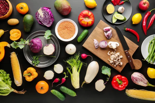 Different Vegetables Black Wooden Background Flat Lay — Stock Photo, Image