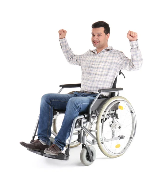 Beyaz Arka Plan Üzerinde Tekerlekli Sandalyede Mutlu Adam — Stok fotoğraf