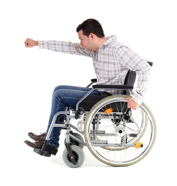 Hombre Divertido Silla Ruedas Sobre Fondo Blanco —  Fotos de Stock