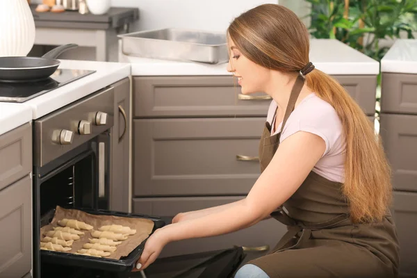 Woman Putting Baking Tray Croissants Oven — Stock Photo, Image