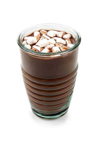 Glas Warme Chocolademelk Met Marshmallows Witte Achtergrond — Stockfoto