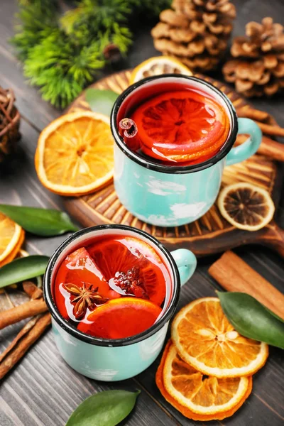 Metal Cups Delicious Mulled Wine Wooden Table — Stock Photo, Image