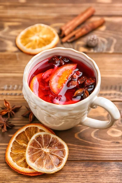 Cup Delicious Mulled Wine Wooden Table — Stock Photo, Image