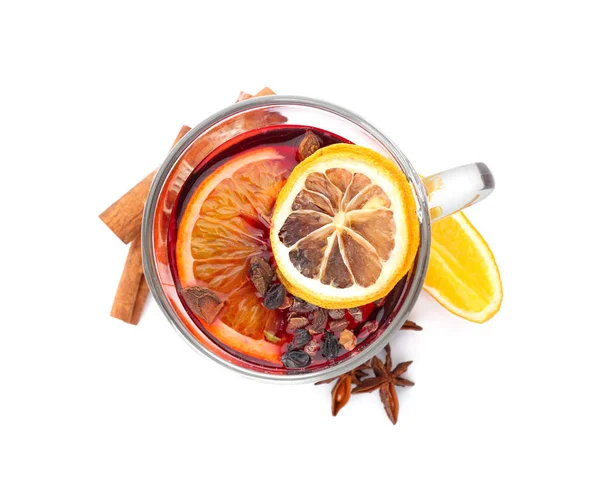 Glass Cup Delicious Mulled Wine White Background — Stock Photo, Image