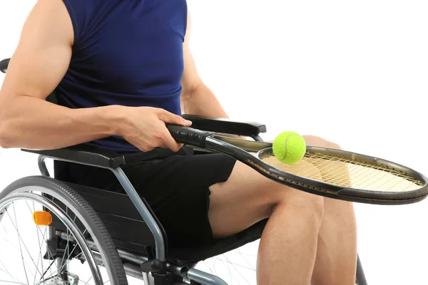 Sporty Young Man Tennis Racket Ball Sitting Wheelchair White Background — Stock Photo, Image