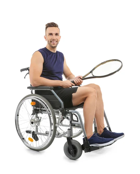 Sporty Young Man Tennis Racket Sitting Wheelchair White Background — Stock Photo, Image