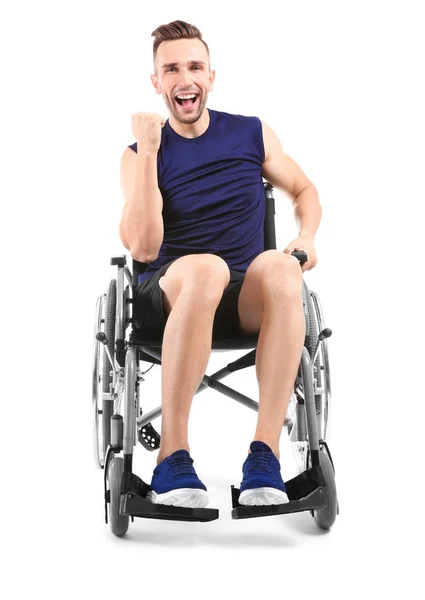 Happy Sporty Man Sitting Wheelchair White Background — Stock Photo, Image