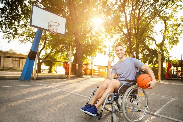 Young Man Ball Sitting Wheelchair Outdoors — Stock Photo, Image