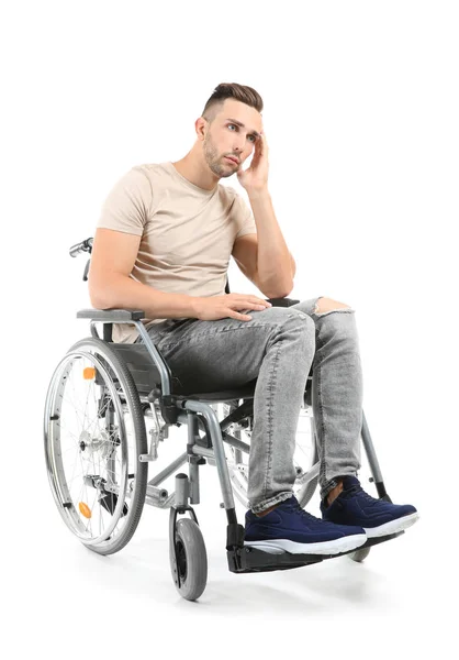 Depressed Young Man Sitting Wheelchair White Background — Stock Photo, Image