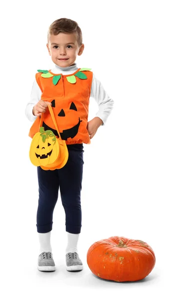 Lindo Niño Vestido Como Jack Lantern Para Halloween Sobre Fondo —  Fotos de Stock