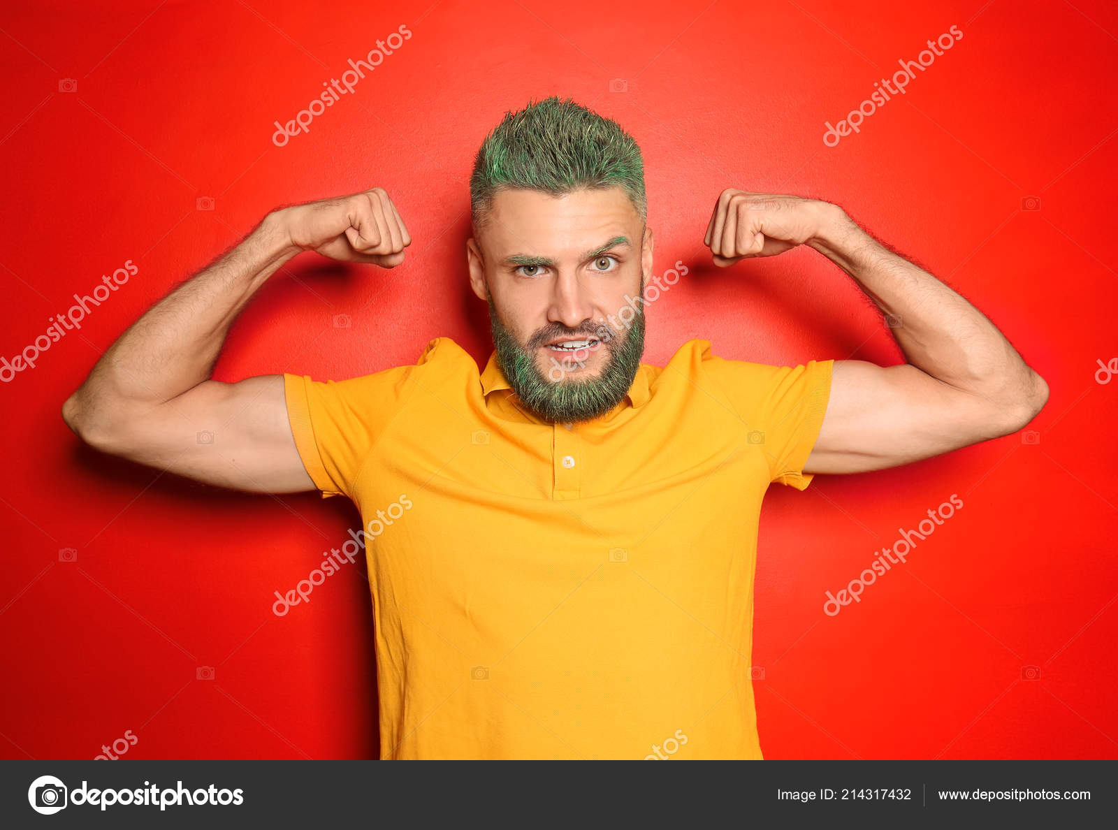 Portrait Handsome Man Dyed Hair Beard Showing Muscles Color