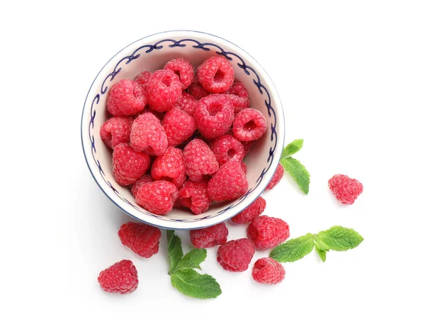 Bowl Ripe Raspberries White Background — Stock Photo, Image