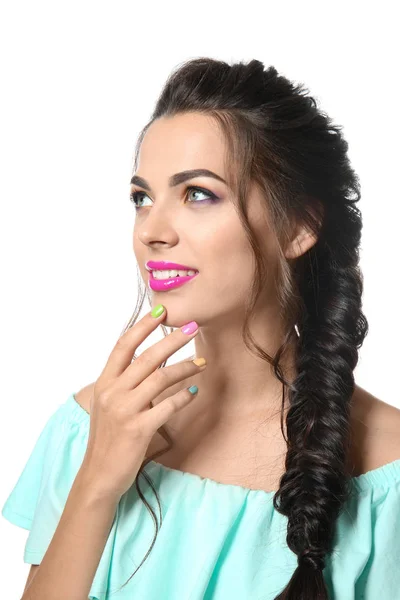 Hermosa Mujer Joven Con Manicura Colorida Sobre Fondo Blanco —  Fotos de Stock