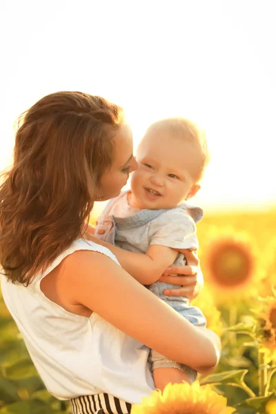 Beautiful Woman Her Little Son Sunflower Field Sunny Day — Stock Photo, Image