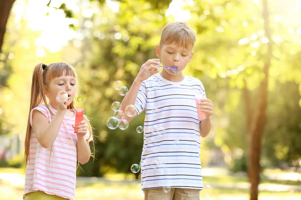 Niedliche Kleine Kinder Pusten Seifenblasen Freien — Stockfoto