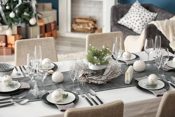 Table Servie Pour Dîner Noël Dans Salon — Photo