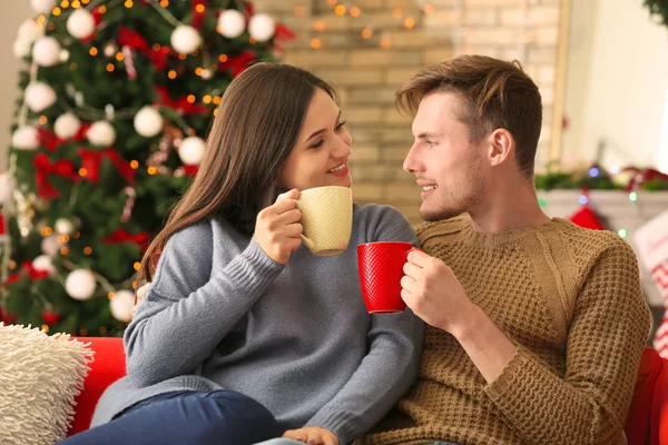 Cute Young Couple Drinking Hot Chocolate Home Christmas Eve — Stock Photo, Image