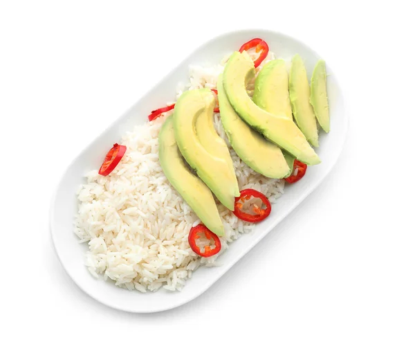 Assiette Avec Riz Bouilli Savoureux Légumes Sur Fond Blanc — Photo