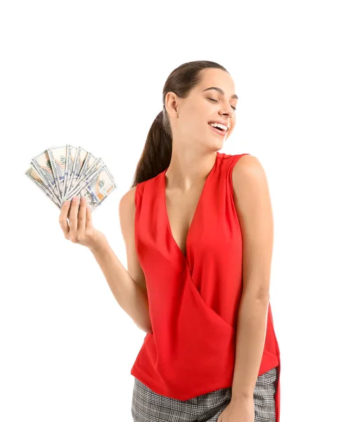 Happy Young Woman Dollar Banknotes White Background — Stock Photo, Image