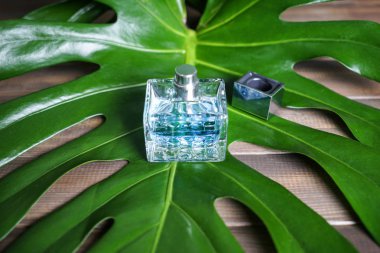 Ahşap masa üzerinde tropikal yaprak ile parfüm şişe