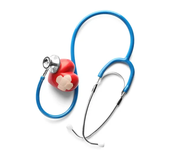 Medical Stethoscope Red Heart Plaster White Background Cardiology Concept — Stock Photo, Image