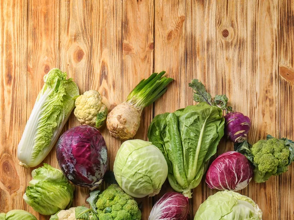 Different Types Cabbage Wooden Background — Stock Photo, Image