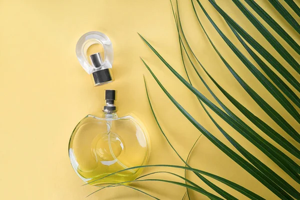 Flaska Parfym Med Tropiska Löv Färgbakgrund — Stockfoto