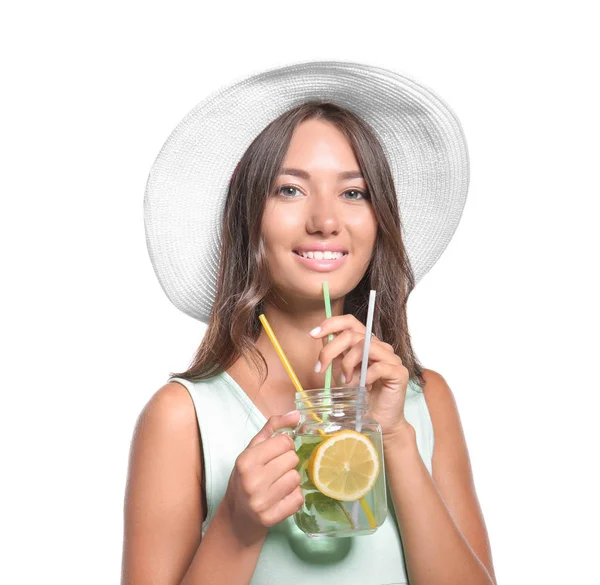 Young Woman Mason Jar Fresh Lemonade White Background — Stock Photo, Image