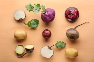 Renk arka plan üzerinde farklı sebze ile düz yatıyordu kompozisyon