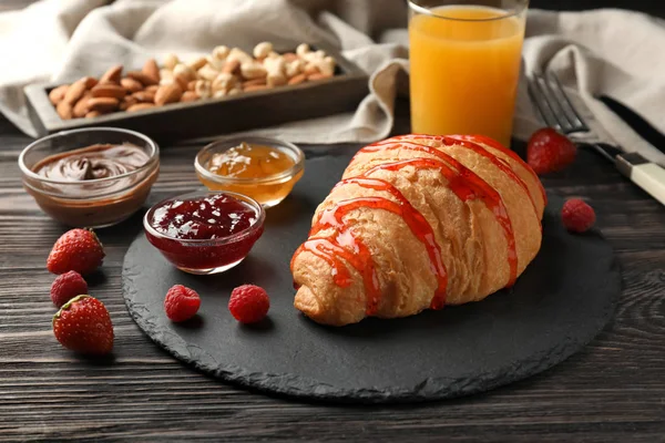 Tasty Croissant Bowls Jam Slate Plate — Stock Photo, Image