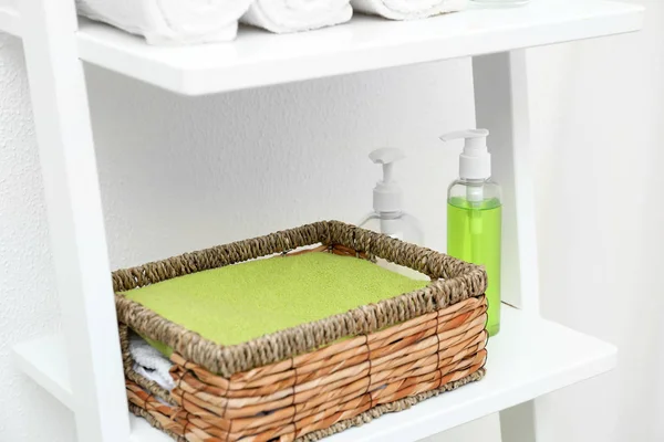 Basket Towels Cosmetics Shelf Bathroom — Stock Photo, Image