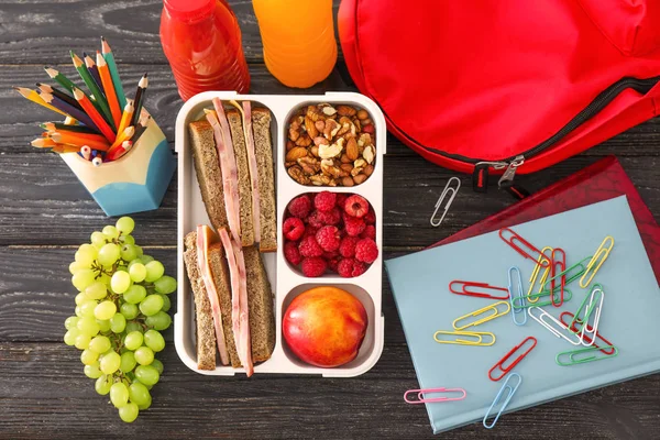 Lunch Box Appetizing Food Stationery Wooden Table — Stock Photo, Image